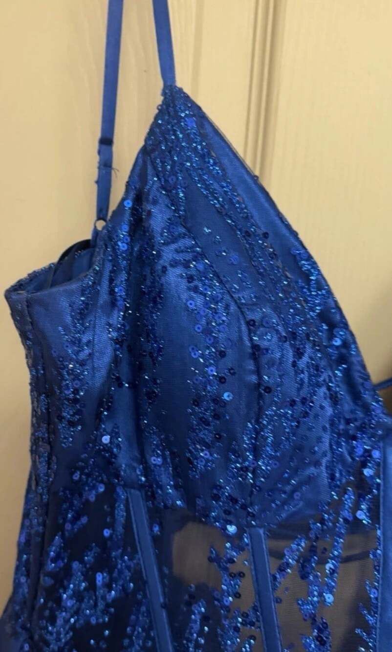 Blondie Nites Jr Size 5 Royal Blue Glitter-Mesh Corset Lace-Up Dress Pockets - Picture 5 of 16
